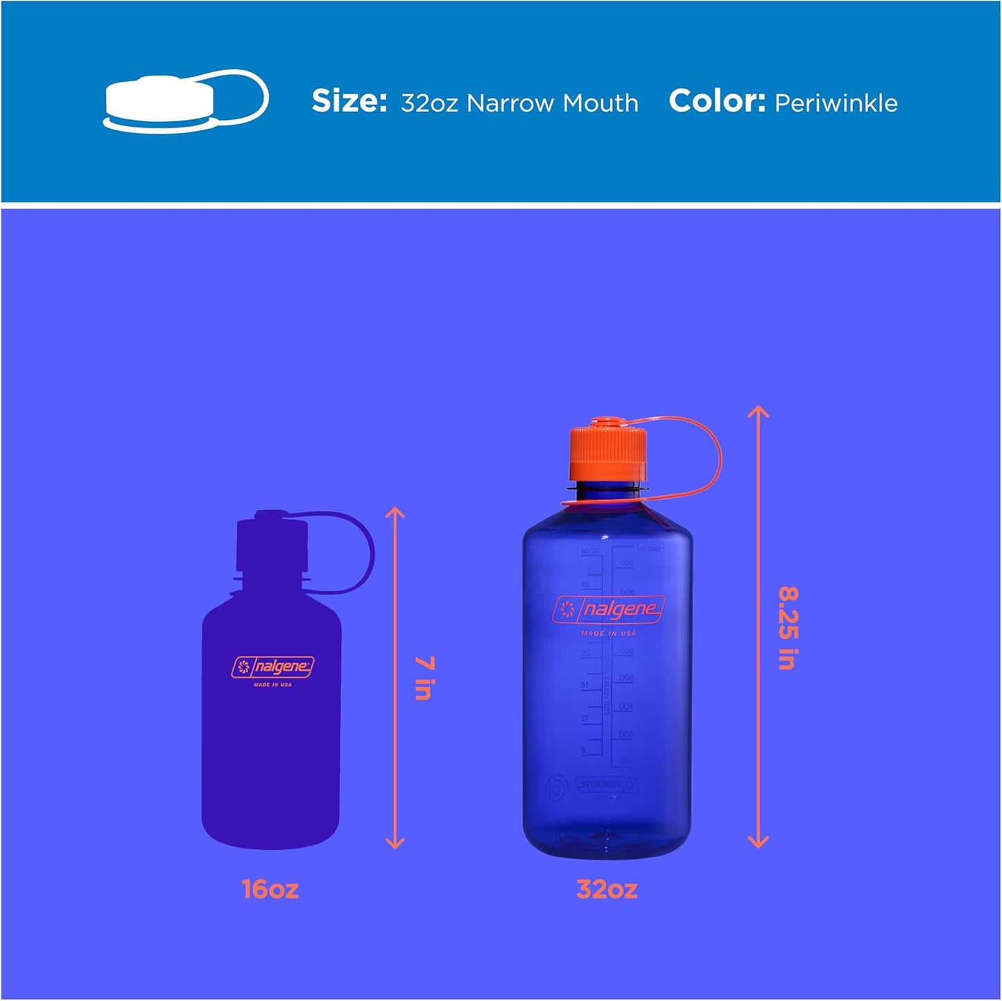 Nalgene 32 oz Narrow Mouth Water Bottle - BPA-Free, Durable & Leak-Proof | Lightweight Periwinkle Design for Gym & Travel