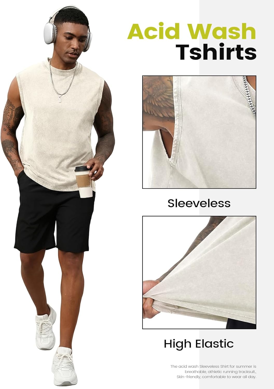 Yimoon Men's Tank Tops - Acid Wash Cotton Sleeveless Workout Shirts | Loose Fit Gym Tees