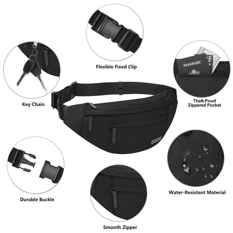MAXTOP Large Crossbody Fanny Pack Waist Pack with 4-Zipper Pockets Hiking Travel Essentials for Women Men Belt Bag, for Hiking Running Travel Cycling,Black