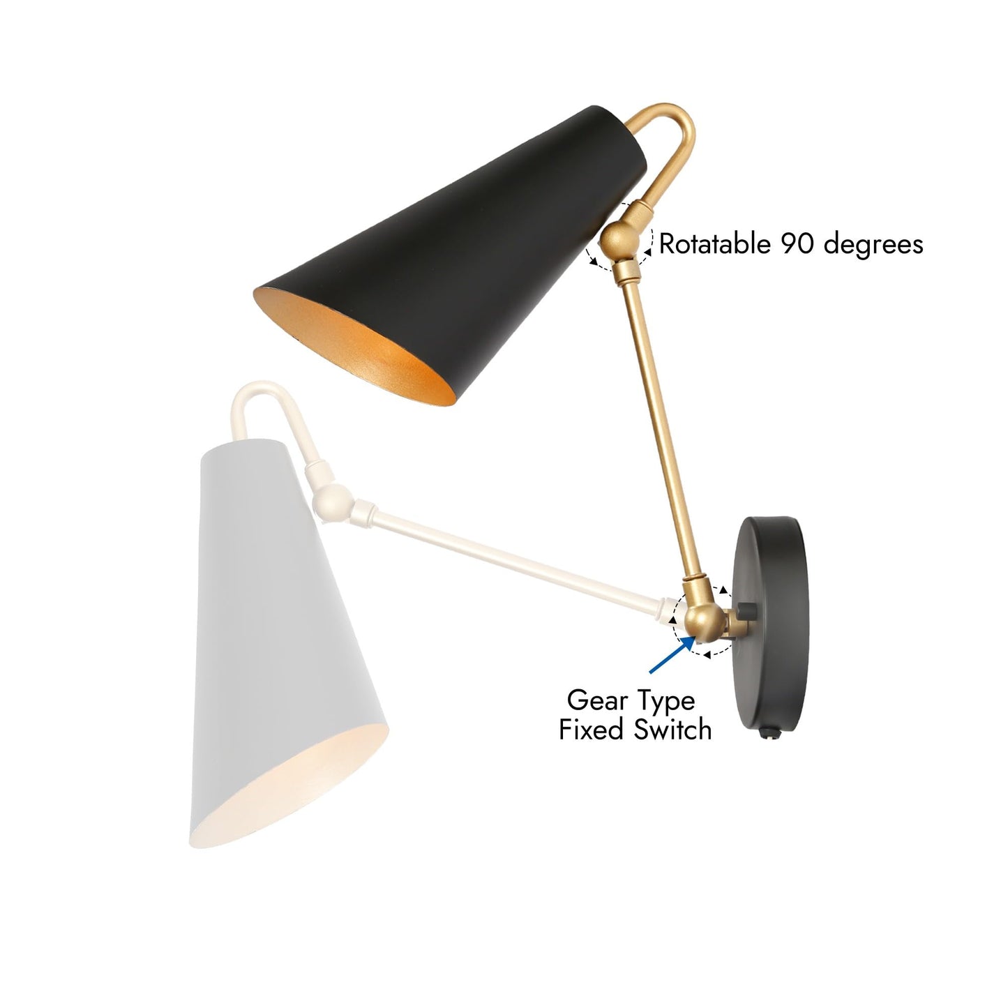 KSANA Swing Arm Wall Lamp, Black and Gold Plug in or Hardwired Wall Sconces, Modern Adjustable Arm Light Fixture with On/Off Switch for Bedroom, Kitchen, Hallway and Living Room