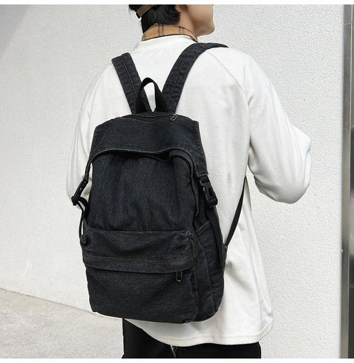 TYHOTULY Classic Retro Denim Backpack Y2K Aesthetic Shoulder Bag Lightweight Daypack Casual Jeans Backpack for College (Black)