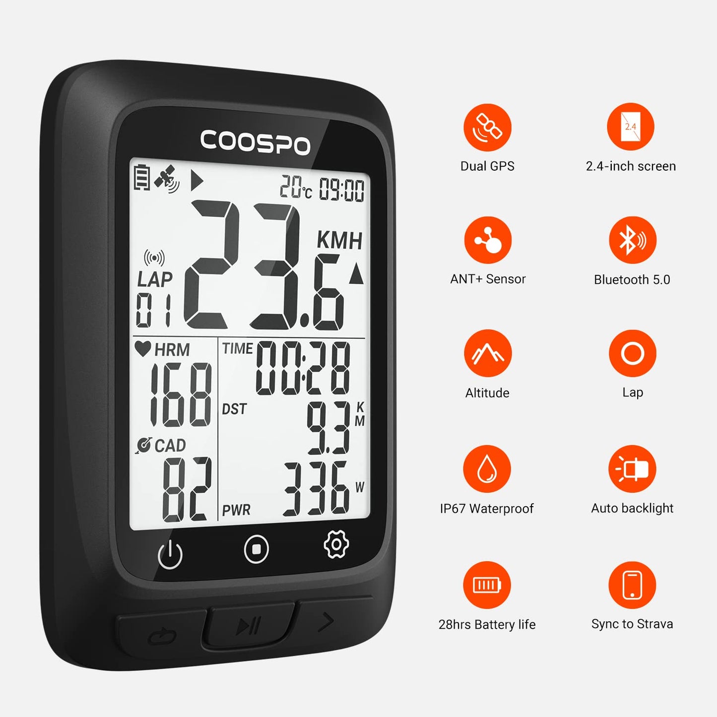 COOSPO GPS Cycling Computer BC107 & Bike Cadence/Speed Sensor BK467, Wireless Bike GPS Speedometer with 2.4 Inch Auto-Backlight Display, Bluetooth/ANT+ Bicycle Computer GPS Sync with Strava