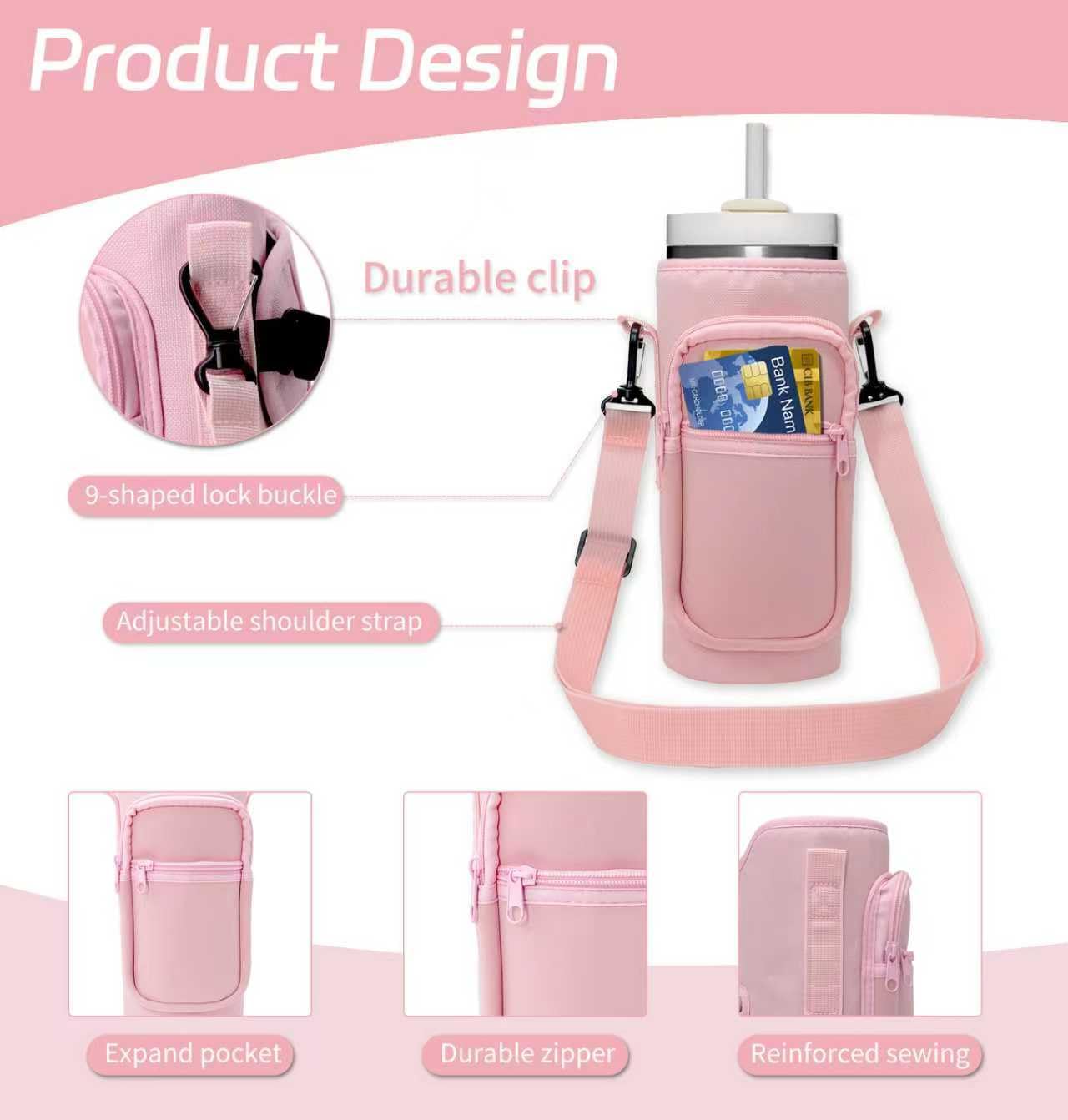 Doacpcr Water Bottle Carrier Bag with Phone Pocket for Stanley 40 oz Tumbler Compatible with Handle/Straight Bottles, Water Bottle Holder with Adjustable Strap, Stanley Cup Accessories 40 oz (Pink)