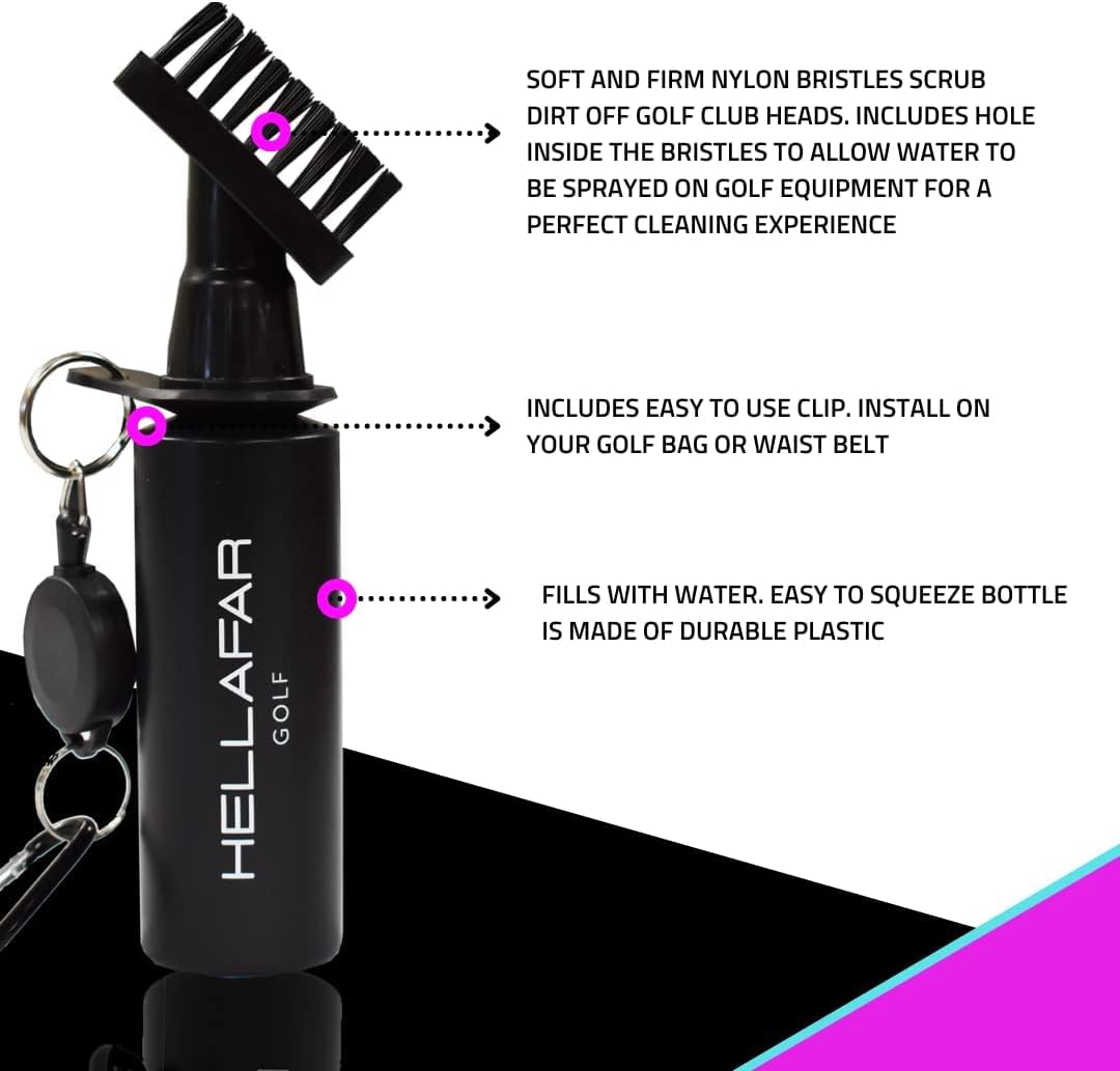 HELLAFAR GOLF Premium Golf Club Water Brush Groove Cleaner with Retractable Clip and Nylon Bristles - Holds 5 Ounces of Water - Golf Accessories for Men, Best Golf Gifts for Men
