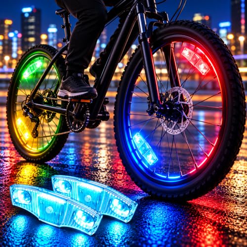 HANZE 2 Pack LED Bike Wheel Lights & Reflectors, 9 Colors, 21 Modes, USB Rechargeable