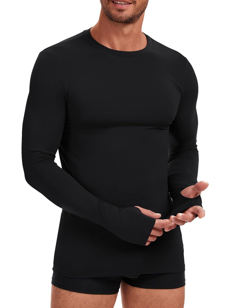 Tfovorlein Long Sleeve Undershirt for Men Thermal Underwear Shirts Fitted Fleece Lined Soft Warm Mens Running Basic Baselayer Winter Tops with Thumb Holes Black XL