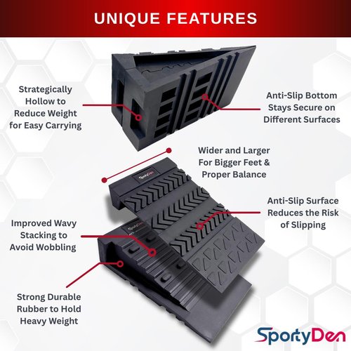 SPORTYDEN Squat Wedge Block - Non Slip Rubber - 3 Adjustable Angles - Men Shoe Size up to US11-4Pcs Set - Heel Elevated Squat - Calf Raises Ramp - Weight Lift & Stretch - 2 Bands & a Carry on Bag
