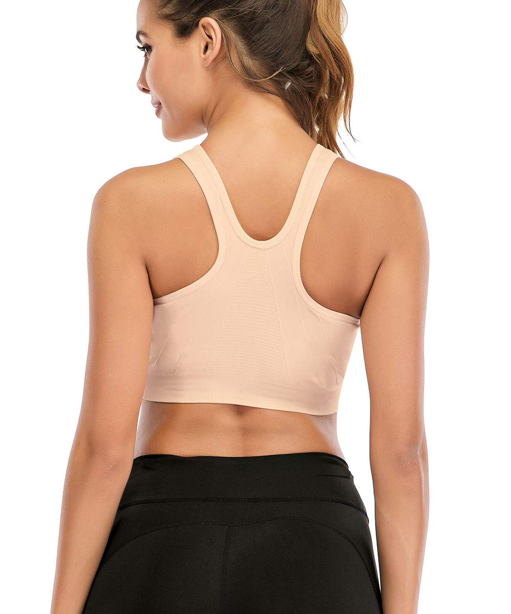 Womens Zip Front Sports Bra Wireless Post-Surgery Bra Padded Strappy Medium Support Yoga Exercise Athletic Bras Beige