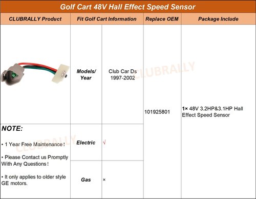 CLUBRALLY Golf Cart 48V Hall Effect Speed Sensor for Club Car DS Electric 1997-2002 GE Motor, OEM#101925801, 1019258-01