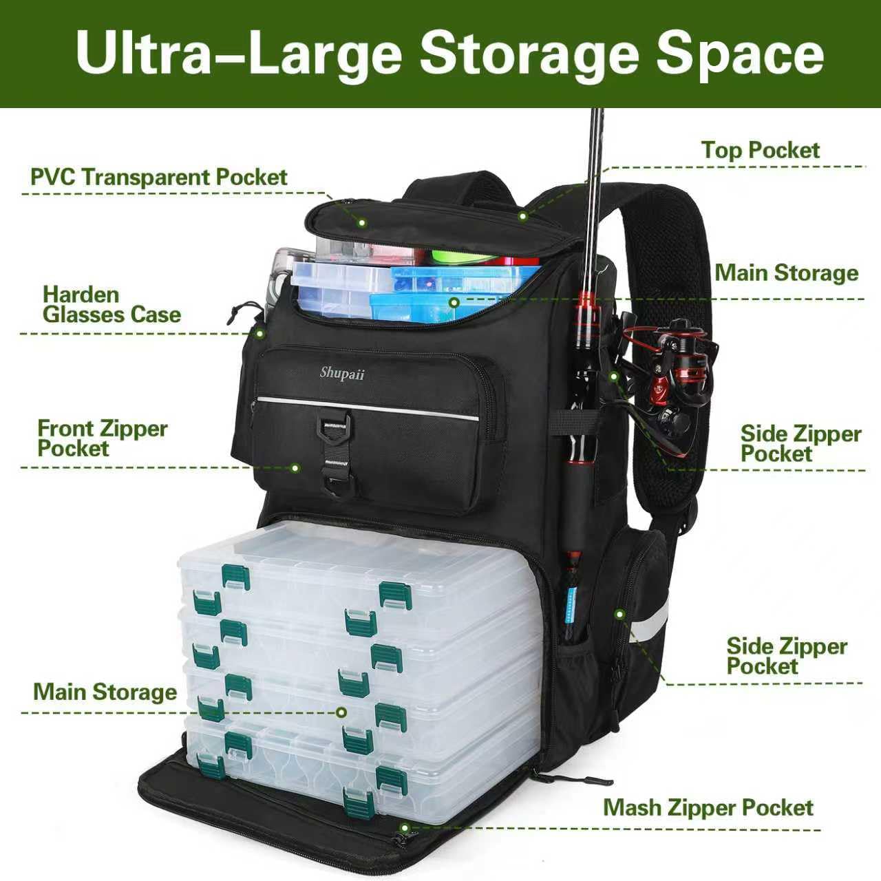 Skiennix Large Fishing Backpack - Waterproof Design with Rod Holders | 45L Tackle Box for Men