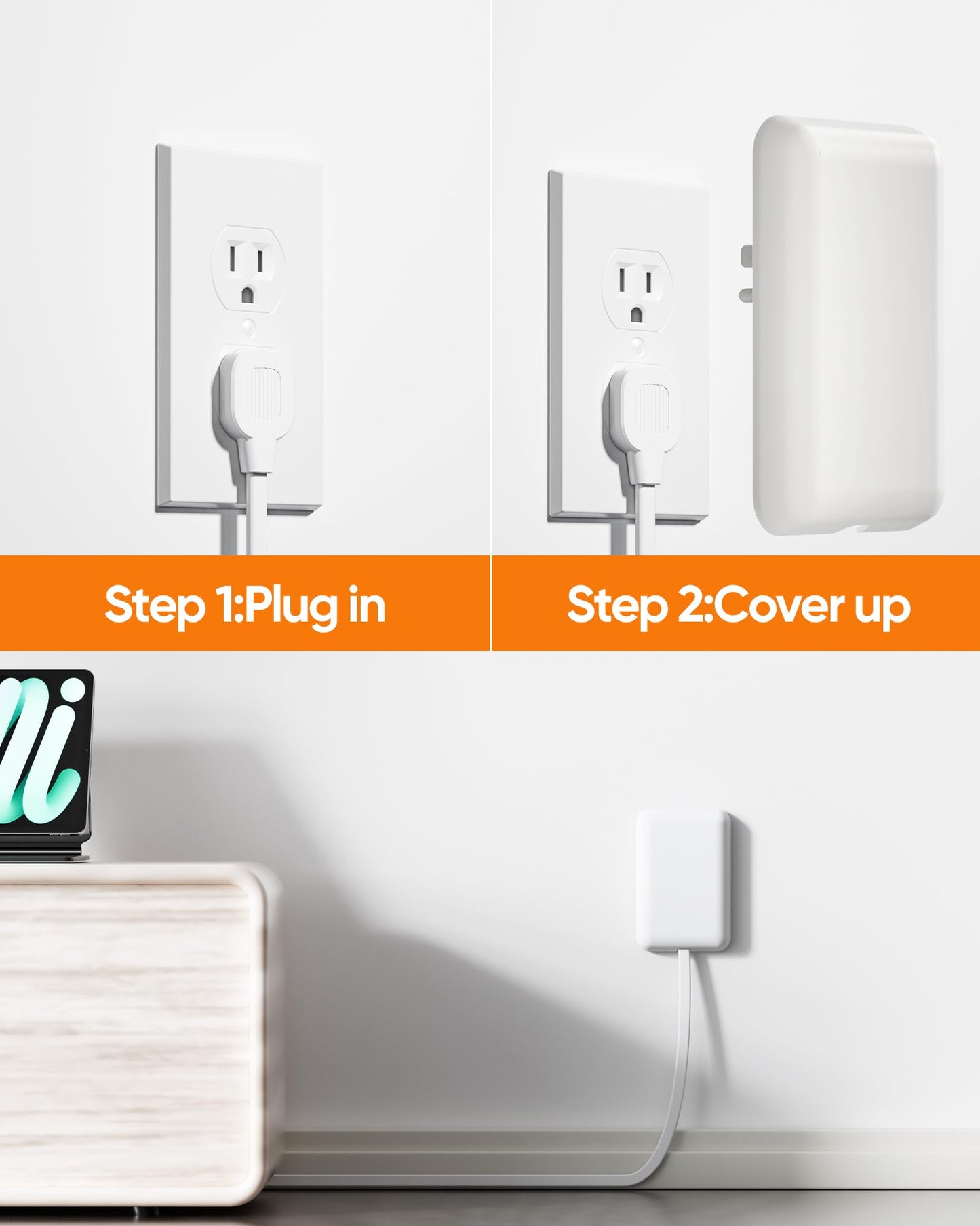 Olcorife Flat Outlet Extender with Cover, Flat Plug Power Strip with 6 AC Outlets, 2000 Joules Surge Protector, 3FT Flat Extension Cord, Home Office Travel Dorm Room Essentials