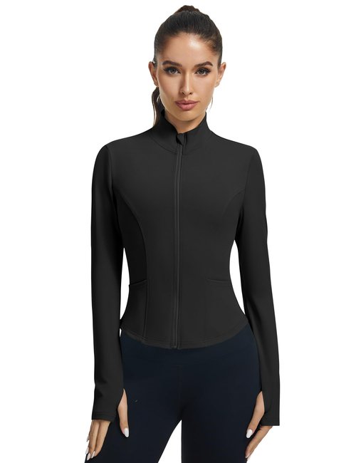 LOMON Cropped Jacket Women Black Zip Up Jacket Active Long Sleeve Tops for Women Running Shirts Gym Golf Compression Black XS