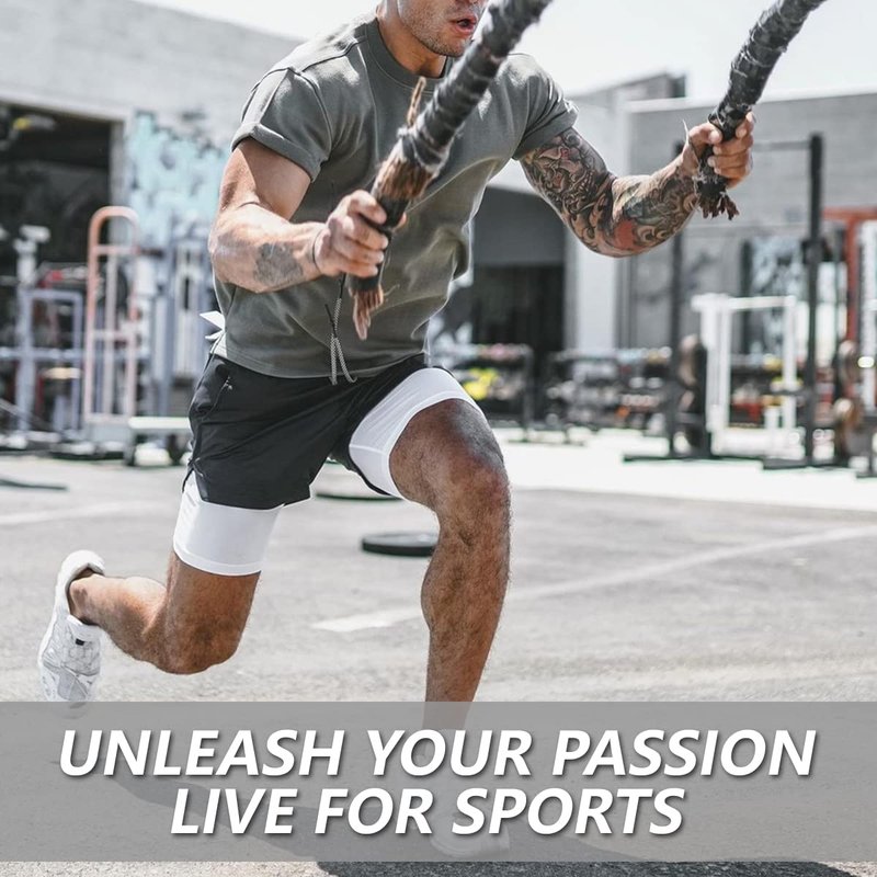 JWJ 3 Pack Men's 2 in 1 Workout Running Shorts 7 Inch Lightweight Athletic Gym Shorts with Compression Liner Black Dark Grey Red L
