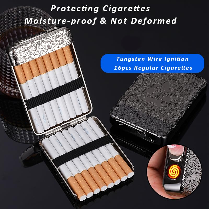 KUGUAN Cigarette Case with USB Lighter 16 Cigarettes Windproof & Rechargeable