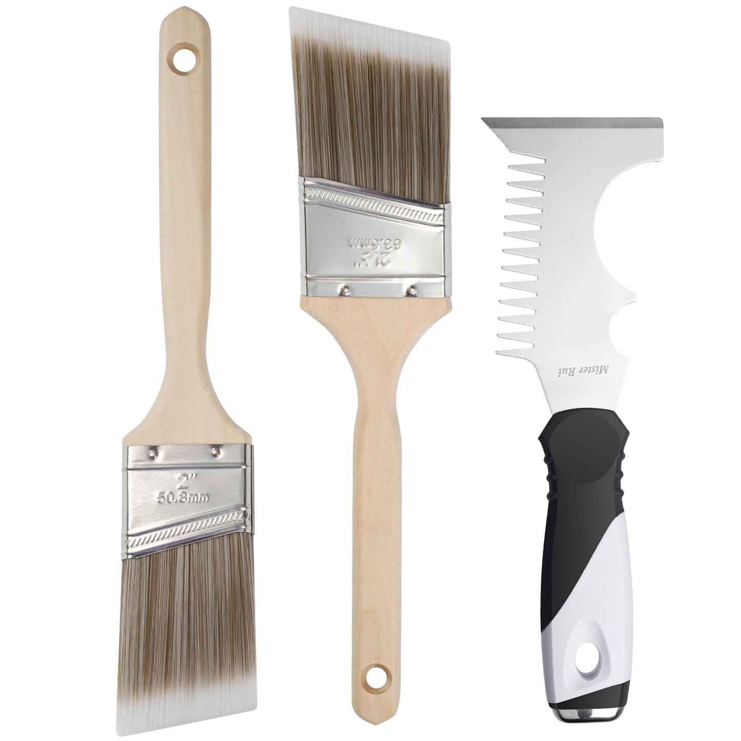 Mister Rui Paint Brush Set with Comb, 2" & 2.5" Angled Sash Brushes, Paint Brush Cleaner Tool, Commercial Grade for Trim, Cabinets & Rollers
