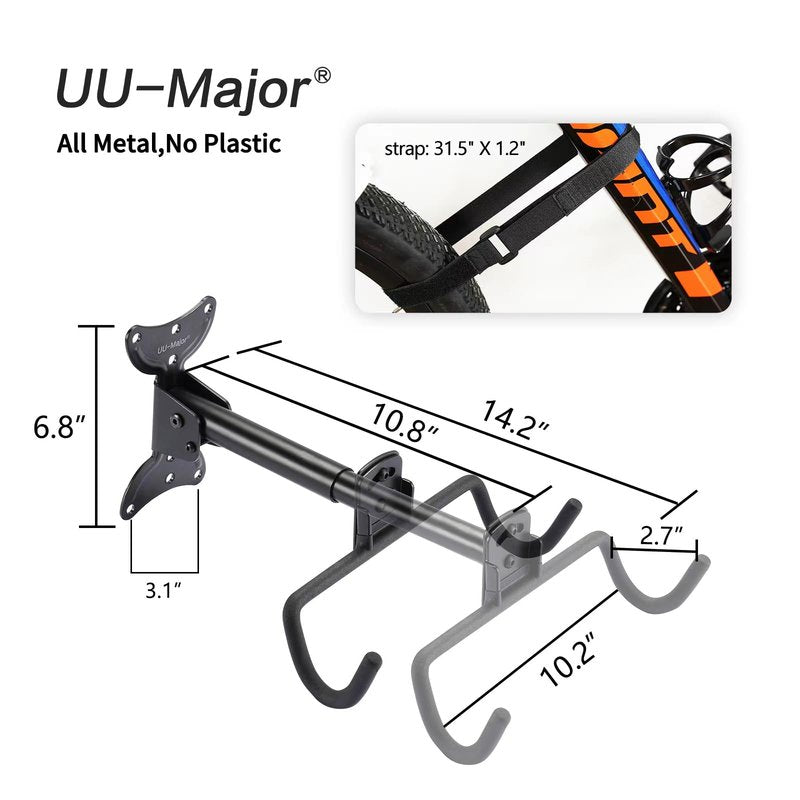 UU-Major Bike Wall Mount,Heavy Duty Bike Hanger, Mounted Bike Hook for Garage Wall,Horizontal Bike Rack for MTB,Road And Hybrid Bikes Storage,Thicker Metal With Rubber Coating.(Adjustable*2 Pack)