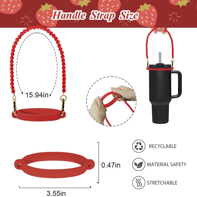 VirgoCCY 7PCS Strawberry Stanley Cup Accessories, Water Bottle Handle Strap for Stanley 30/40 oz, Including Straw Toppers, Silicone Cup Boot, Keychain Charms, Cup Decoration for Women Girls, Red