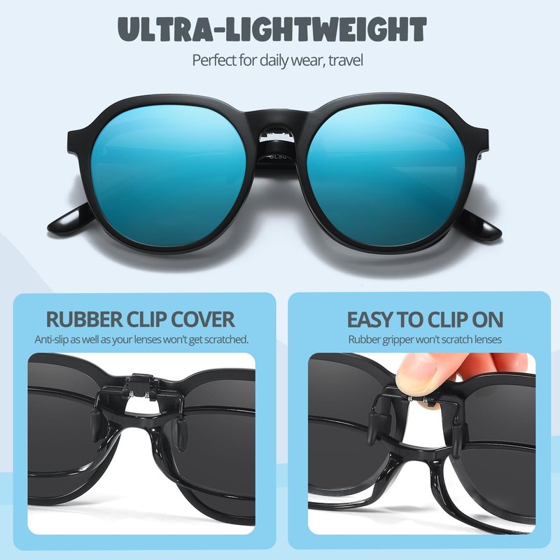 Trysee 2Pack Clip on Sunglasses Over Prescription Glasses for Boys Girls Polarized Flip Up TS-CO-8801