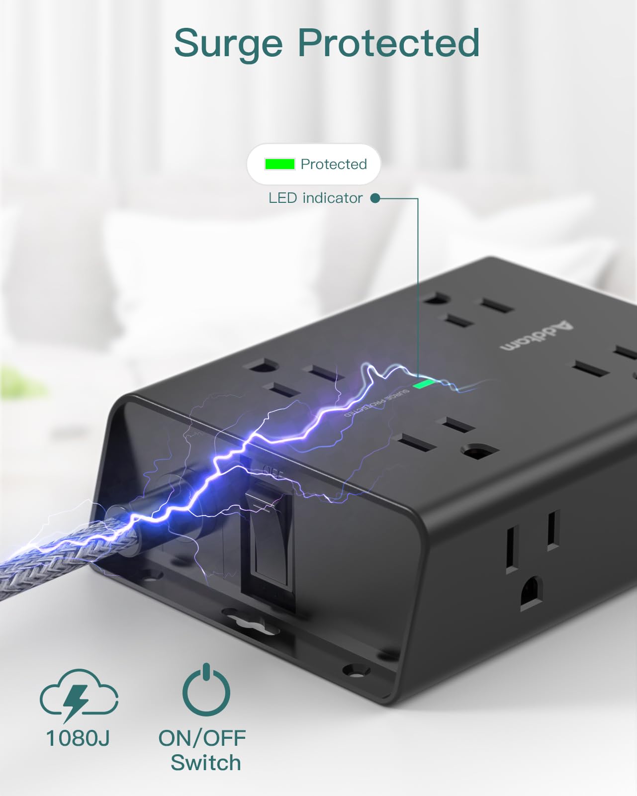 Surge Protector Power Strip, 8 Widely Outlets with 4 USB Ports(1 USB C Outlet), Addtam 3-Side Outlet Extender Strip with 5Ft Extension Cord, Flat Plug, Wall Mount for Dorm Home Office, Black