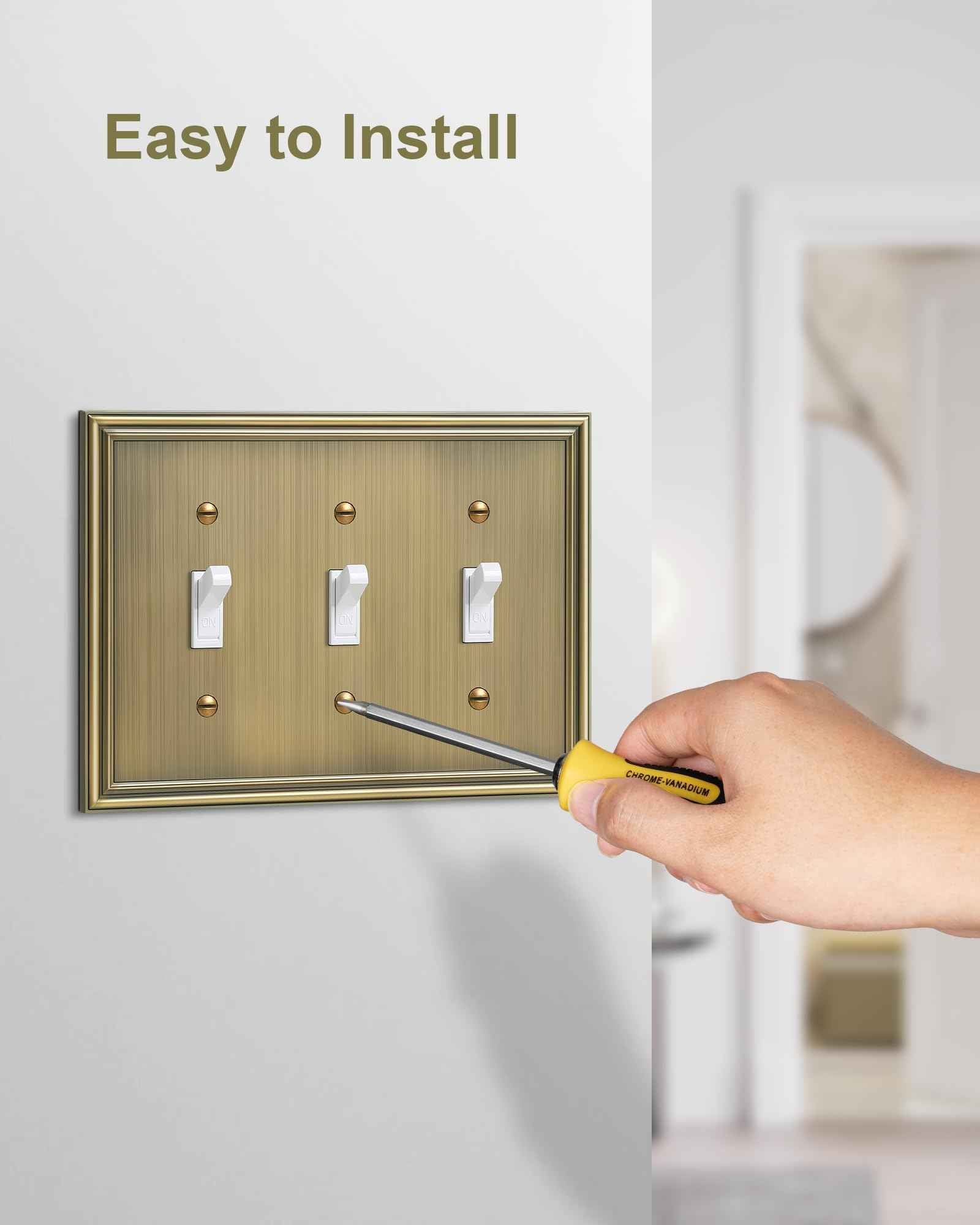 TREEWELL 2-Pack Triple Toggle Light Switch Cover Plate, Durable Solid Zinc Alloy Decorative Switch Plate Covers, Antique Brass 3 Gang Wall Plate, Corrosion Resistant