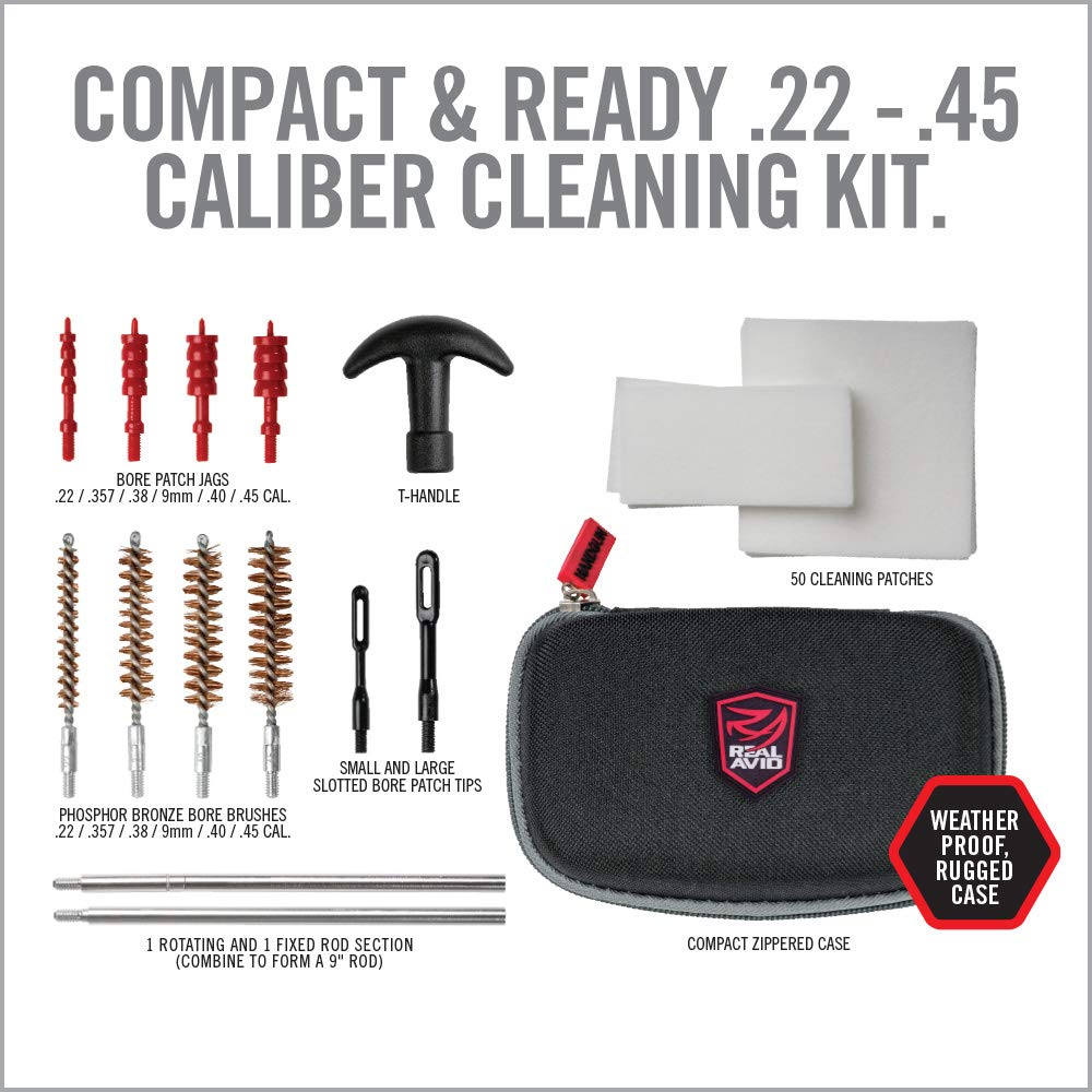 Real Avid Handgun Cleaning Kit - All-In-One 13 Piece Pistol Cleaning Kit with Cleaning Rod, Bore Brushes, Gun Cleaning Jags & Gun Cleaning Patches