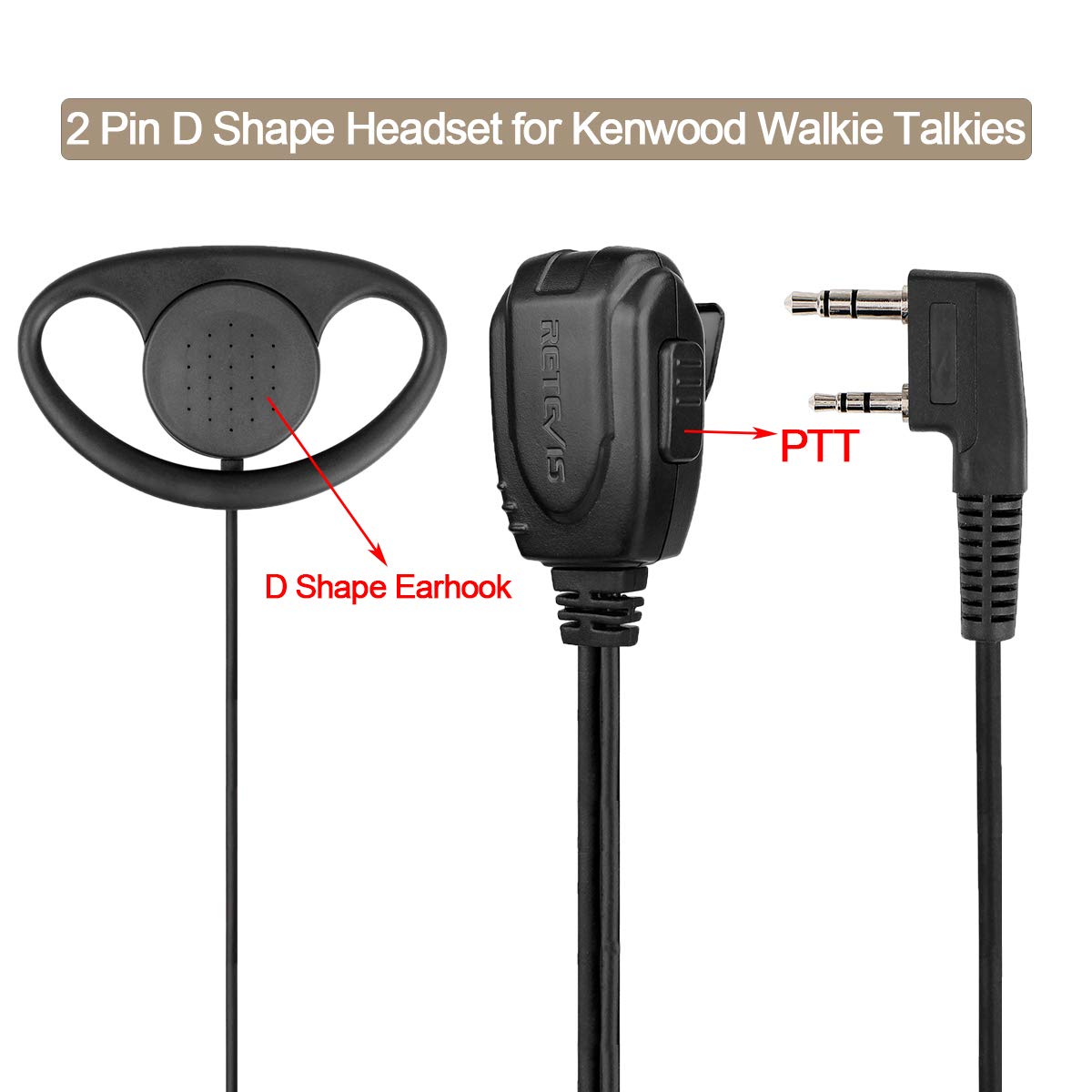 Retevis Walkie Talkie Earpiece with Mic, D Shape, Double Wire, 2 Pin, for RT22 RT68 RT21 H-777 RT86A, Compatible with Pxton, Baofeng BF-888S, Kenwood Walkie Talkie, Two Way Radio Headset(10 Pack)