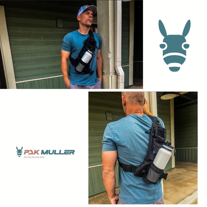 Pak Muller Crossbody Sling Bag Water Bottle Holder, RFID Back Pocket, Travel, Hiking, Everyday Go Bag, Chest Bag, Unisex, Slim Profile, Mid-Size (Black)