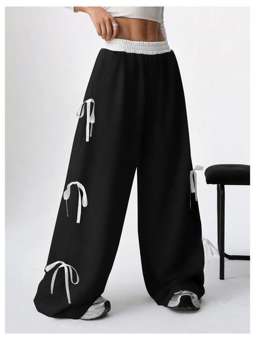 Verdusa Girl's Coquette Bow Wide Leg Baggy Pants Lightweight Cute Sweatpants with Pockets Grey Black 12 Years