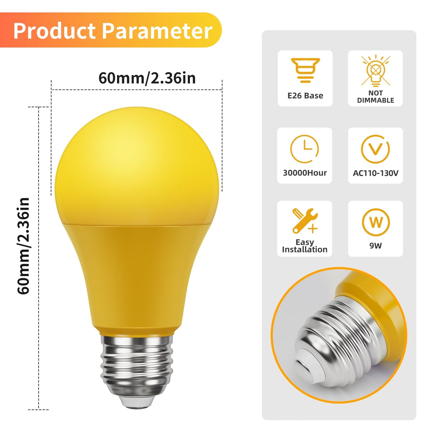Roche Jaune Bug Light Bulbs, Yellow Bug Lights for Outside, A19 9W Equivalent 60W, 2000K Amber Porch Light Bulb, E26 Base, Not-Dimmable, Perfect for Patio, Deck, Backyard, 2 Pack