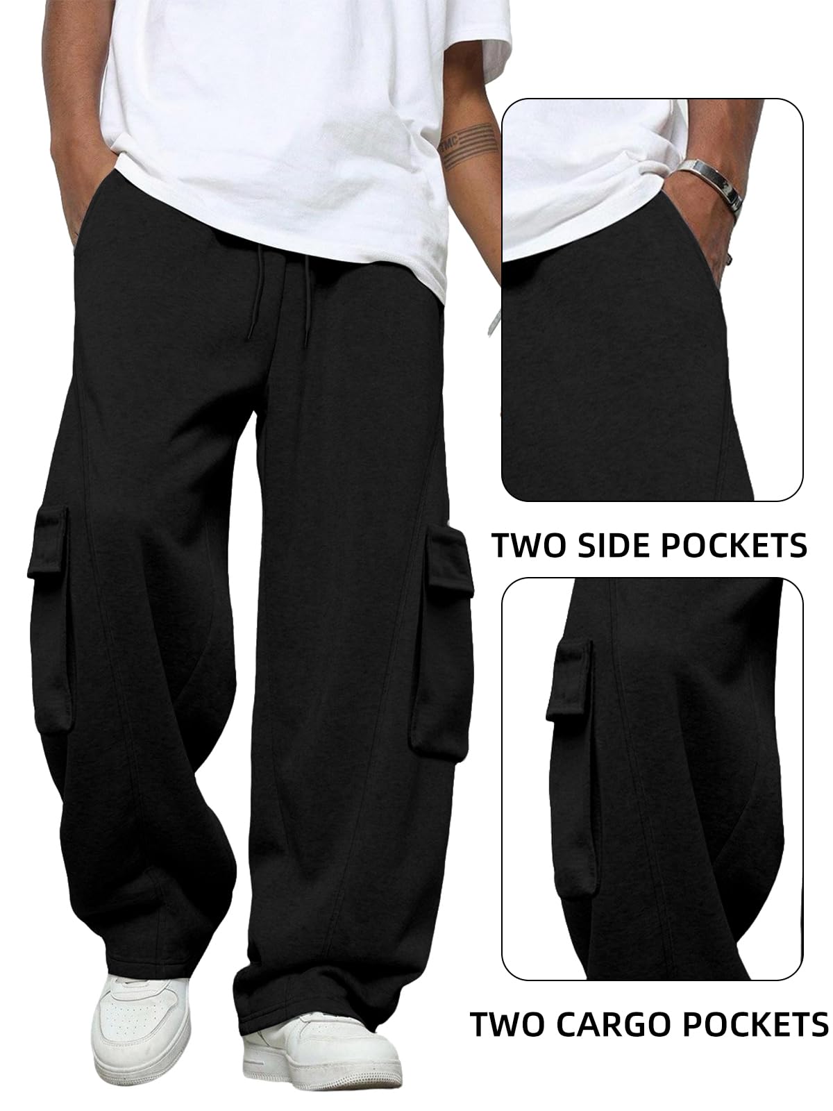 Pillxter Men's Baggy Sweatpants Heavyweight Fleece Cargo Pants Wide Leg Loose Fit Casual Joggers Sweat Pants for Men with Pockets,Black