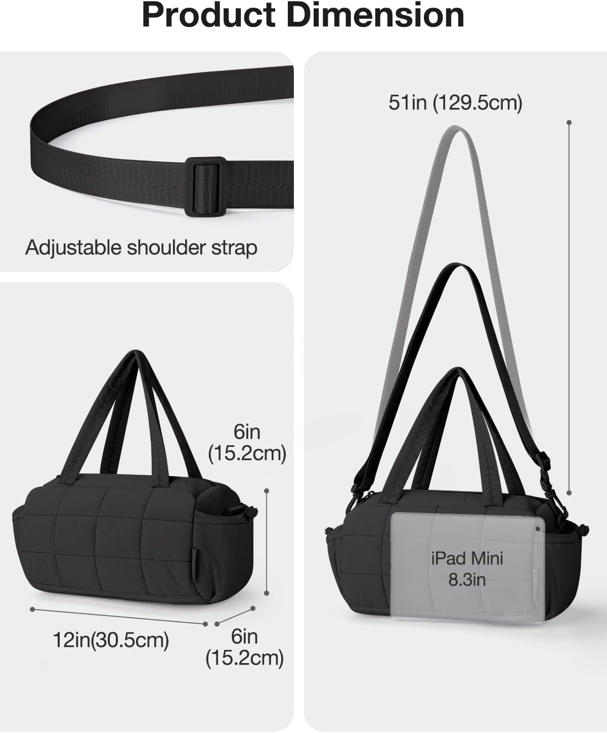 Noozion Mini Gym Bag - Lightweight Quilted Duffle with Wet Pocket & Adjustable Strap | 12 Inch for Yoga, Pilates, Swimming