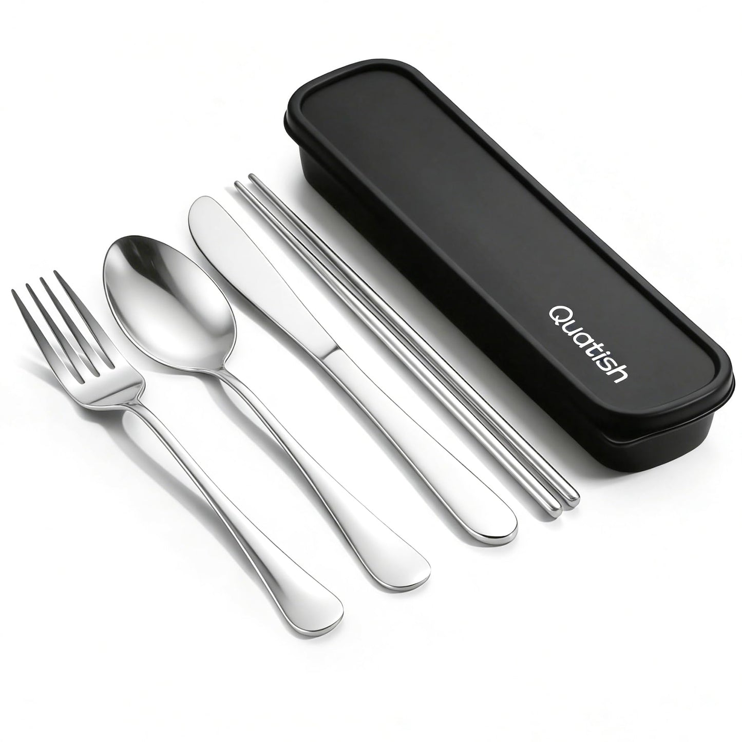 Travel Utensils with Case, Quatish 5 Piece Stainless Steel Silverware Set for Work, Portable Reusable Travel Cutlery Set, Fork and Spoon Set for Picnic, Camping, Gadgets, Lunch Box for Men, Silver