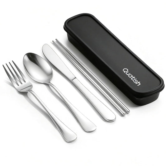 Travel Utensils with Case, Quatish 5 Piece Stainless Steel Silverware Set for Work, Portable Reusable Travel Cutlery Set, Fork and Spoon Set for Picnic, Camping, Gadgets, Lunch Box for Men, Silver