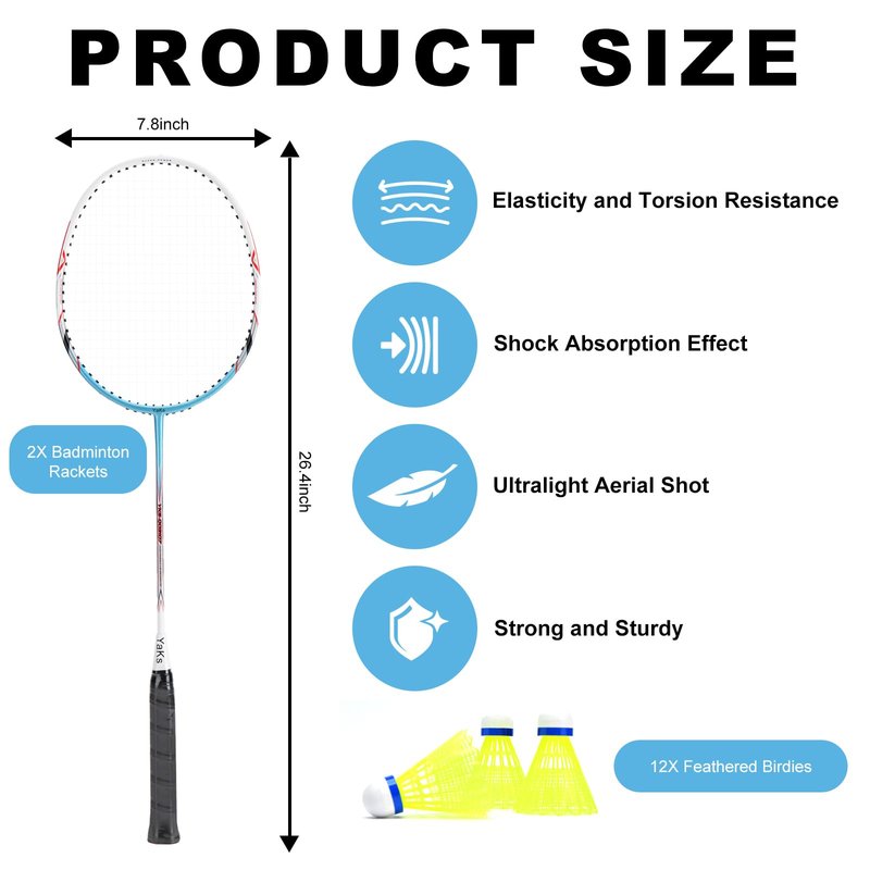 YAKS 3U Professional Carbon Fiber Badminton Racket Set - 2 Rackets Includes 12 Shuttlecocks & Carry Bag, Durable & Lightweight Blue