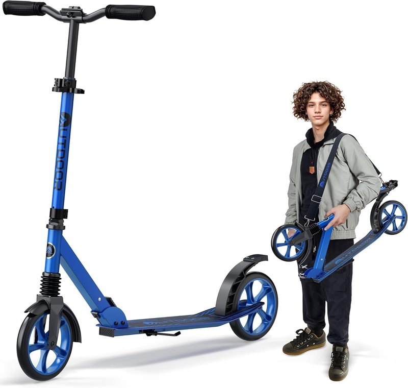 Outdoor Cruiser Kick Scooter for Ages 6+, for Kids, Teens, and Adults, Max Load 250 LBS, Foldable, 8-inch Wheels for Kids and Adults, Dual Suspension, 3 Adjustable Levels, Child Safety Approved, Blue