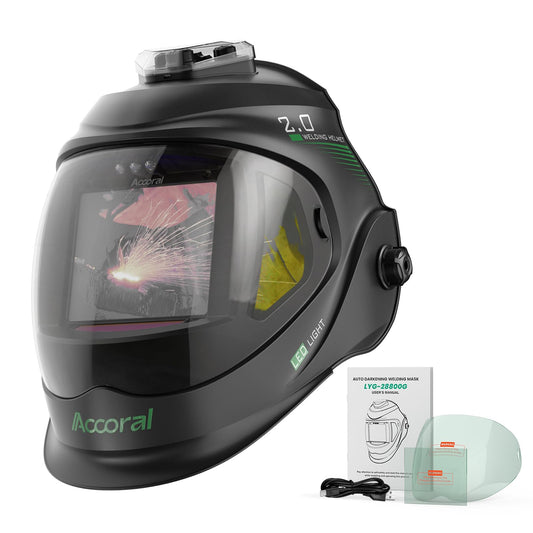 Accoral Panoramic View Auto Darkening Welding Helmet with Light，1/1/1/1 True Color Solar Powered Welding Hood Mask，4 Arc Sensor Wide Shade for TIG MIG ARC Cut,Grinding