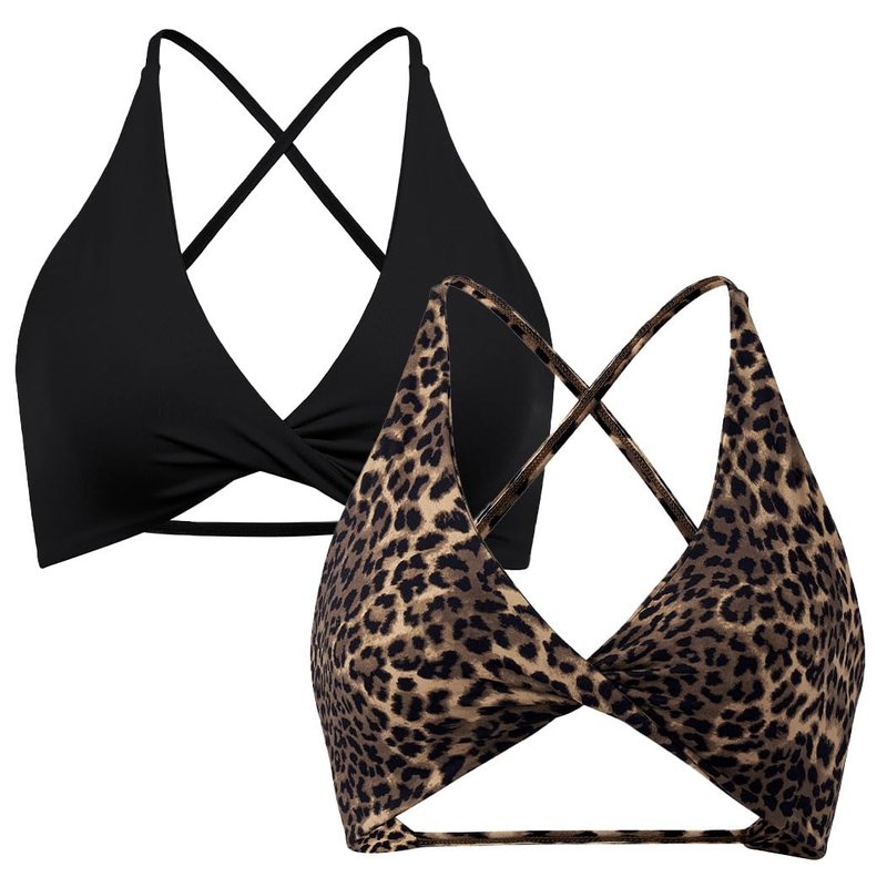 SUUKSESS Women 2 Piece Open Back Strappy Sports Bra Pack Twist Front V Neck Padded Workout Crops (#2 Cheetah & Black, M)