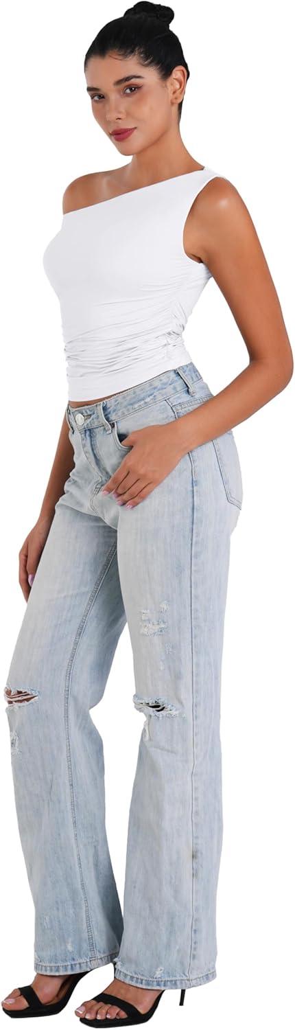 Sunzel Women's Off-Shoulder Crop Top - Trendy Y2K Tank with Asymmetrical Neckline & Ruched Detail