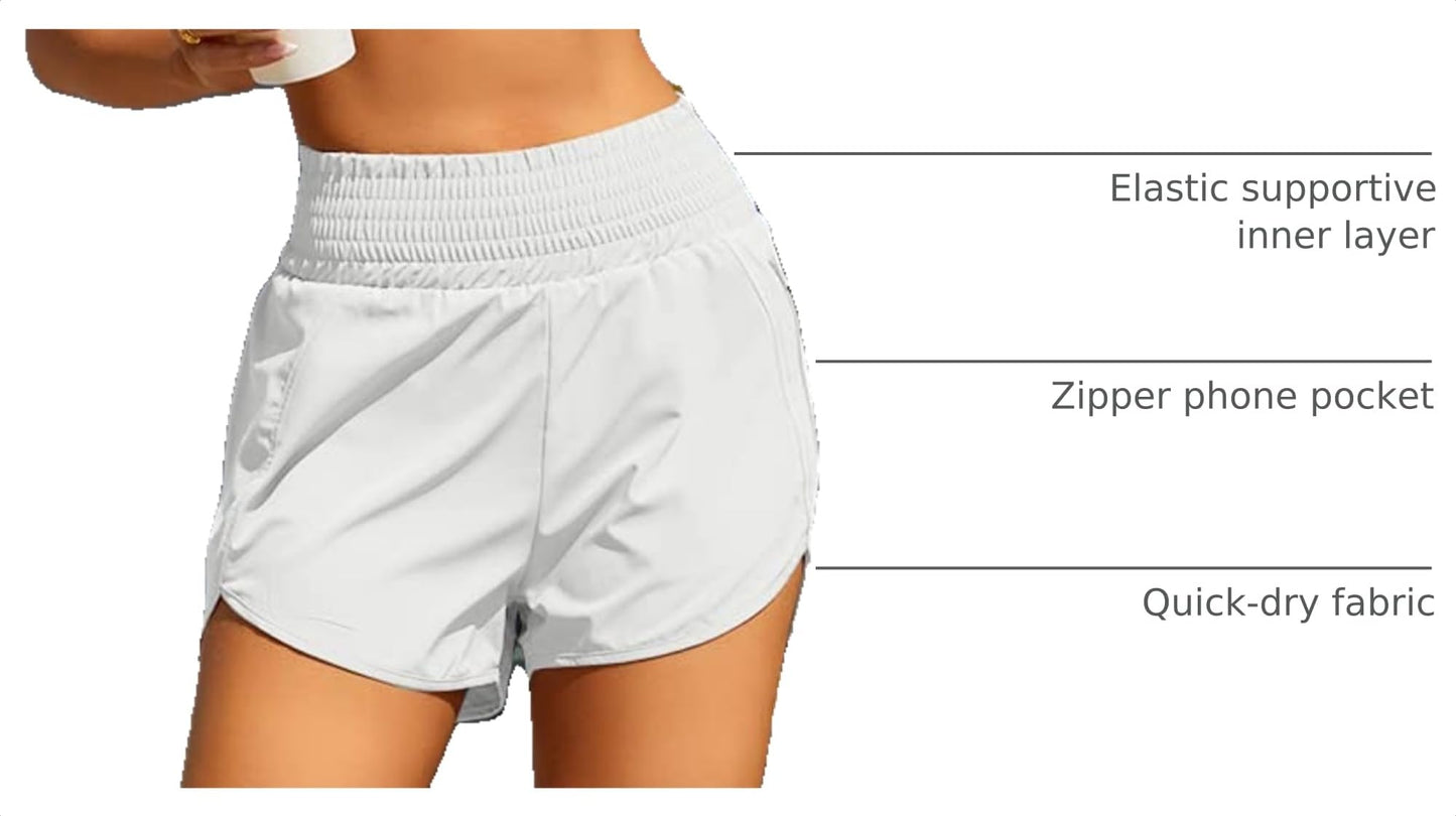 BMJL Women's Athletic Shorts High Waisted Running Short Pocket 2.5" Sporty Shorts Gym Elastic Workout Shorts(XL,White)