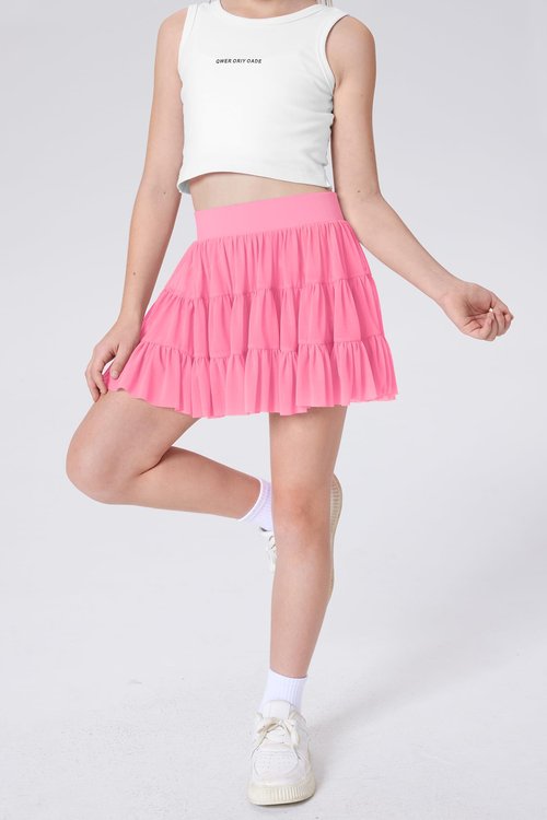 IIMMER Little Girls Summer Mesh Pleated Tennis Workout Skirt Flowy High Waist Cute Gymnastics Skort Hot Pink 5-6 Years