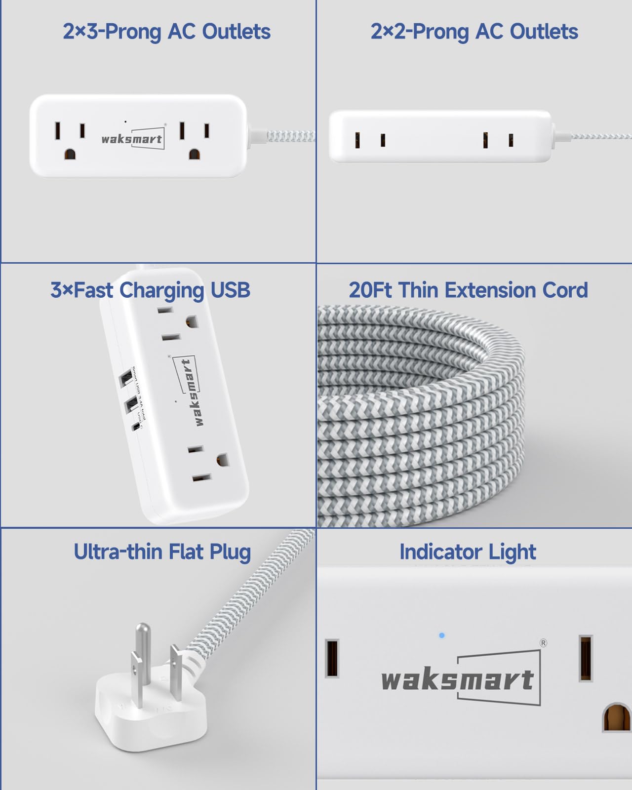 Flat Plug Extension Cord 20 FT with 4 AC Outlets 3 USB Ports (5V/3.4A 17W), 20Ft Long Braided Cord for Home Office College Dorm