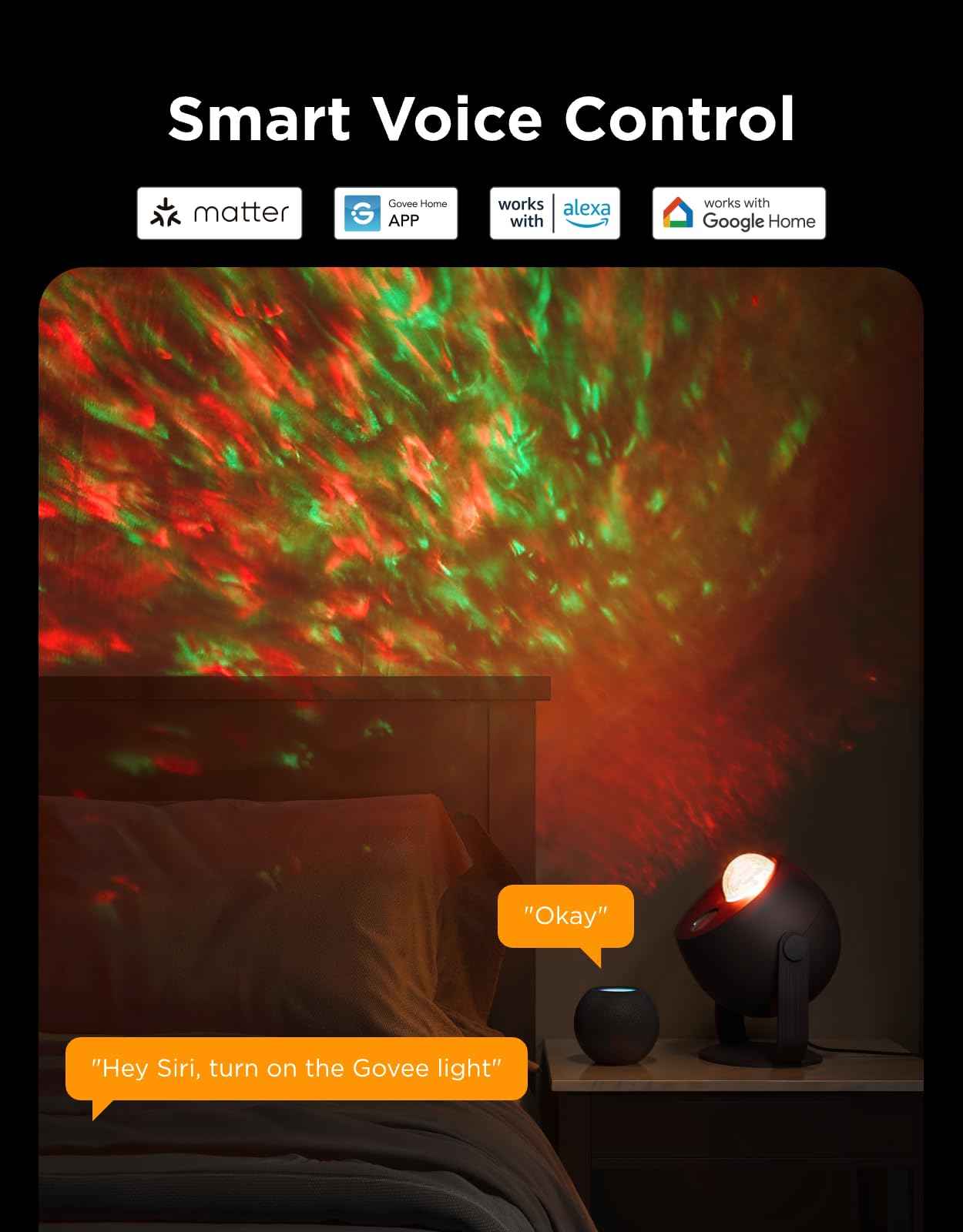 Govee Star Projector Light, Ocean Wave Projector Light with Dynamic Ripple Effects, Works with Matter, 40+ Scene Modes, 18 White Noise Options, LED Night Light for Bedroom (No Power Adapter)