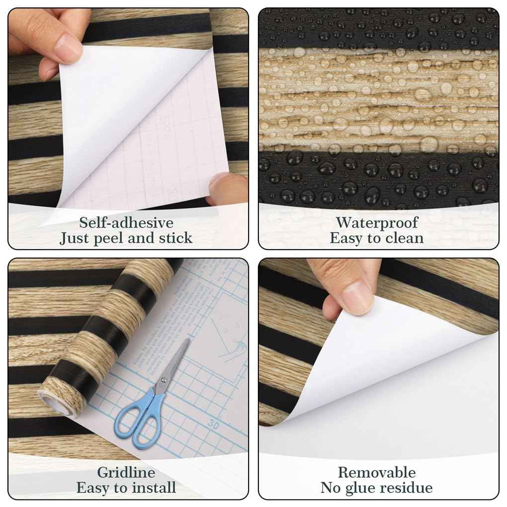 Arthome 17''x240'' Wood Slat Wallpaper,Peel and Stick Self Adhesive Wood Wallpaper PVC Vinyl Decorative Removable Wallpaper Waterproof Faux Wood Grating Stripe Contact Paper for Living Room Bedroom