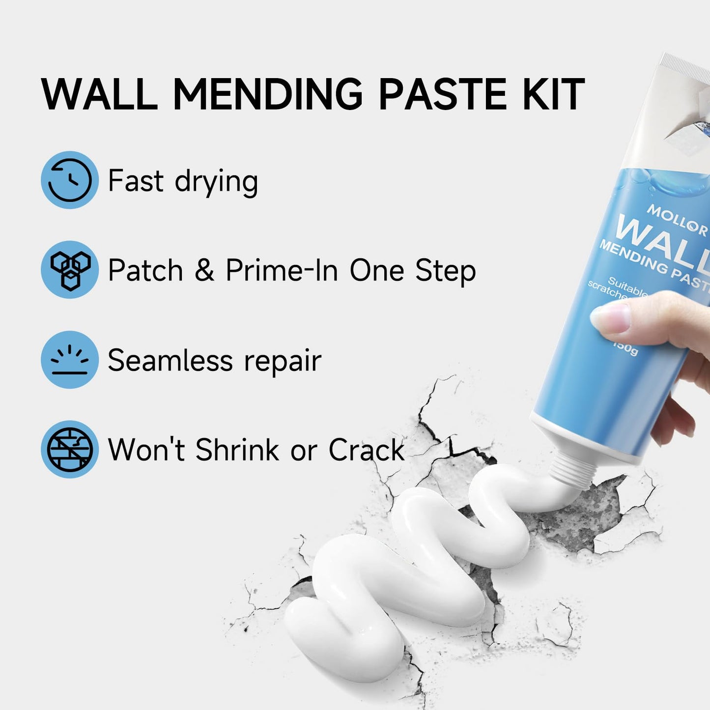 MOLLOR Drywall Repair Kit Wall Patch, 150g Spackle Wall Repair Paste with Scraper, Wall Mending Agent Quick and Easy Solution to Fill The Holes for Home Wall, White Repair Putty Plaster Dent