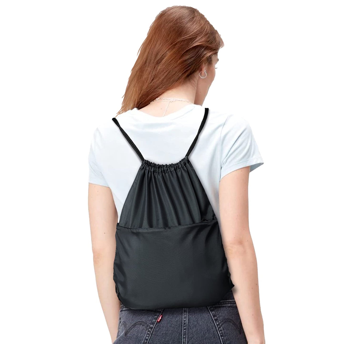 BuyAgain Drawstring Backpack Sports Water Resistant String Bag Sport Gym Sackpack for Women Men Large with Zipper, Black