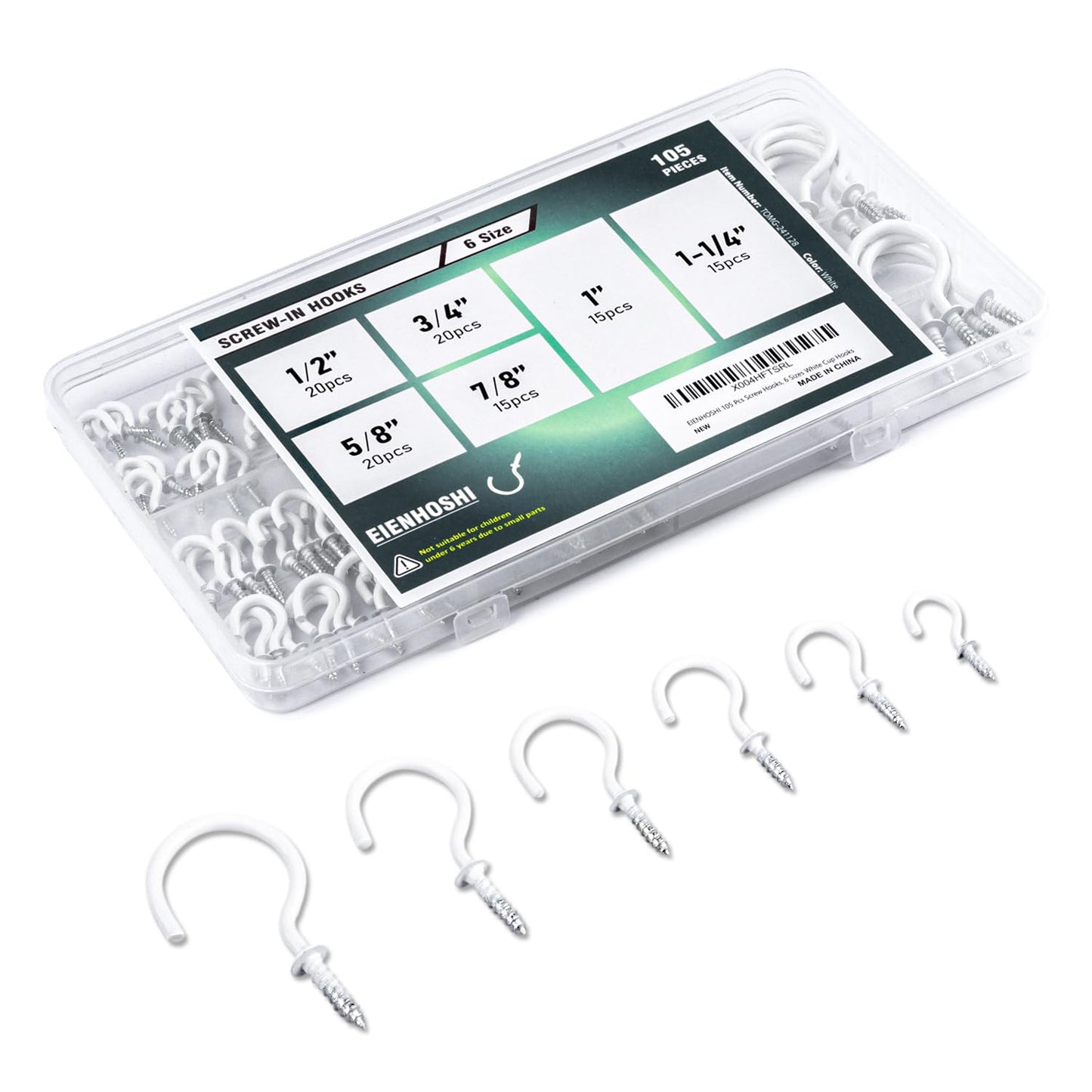EIENHOSHI 105 Pcs Screw Hooks, 6 Sizes White Cup Hooks, Screw in Hooks for Hanging, Metal Cup Hook Screw in (1/2", 5/8", 3/4", 7/8", 1'', 1-1/4")