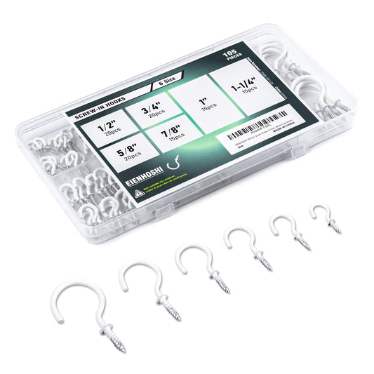 EIENHOSHI 105 Pcs Screw Hooks, 6 Sizes White Cup Hooks, Screw in Hooks for Hanging, Metal Cup Hook Screw in (1/2", 5/8", 3/4", 7/8", 1'', 1-1/4")