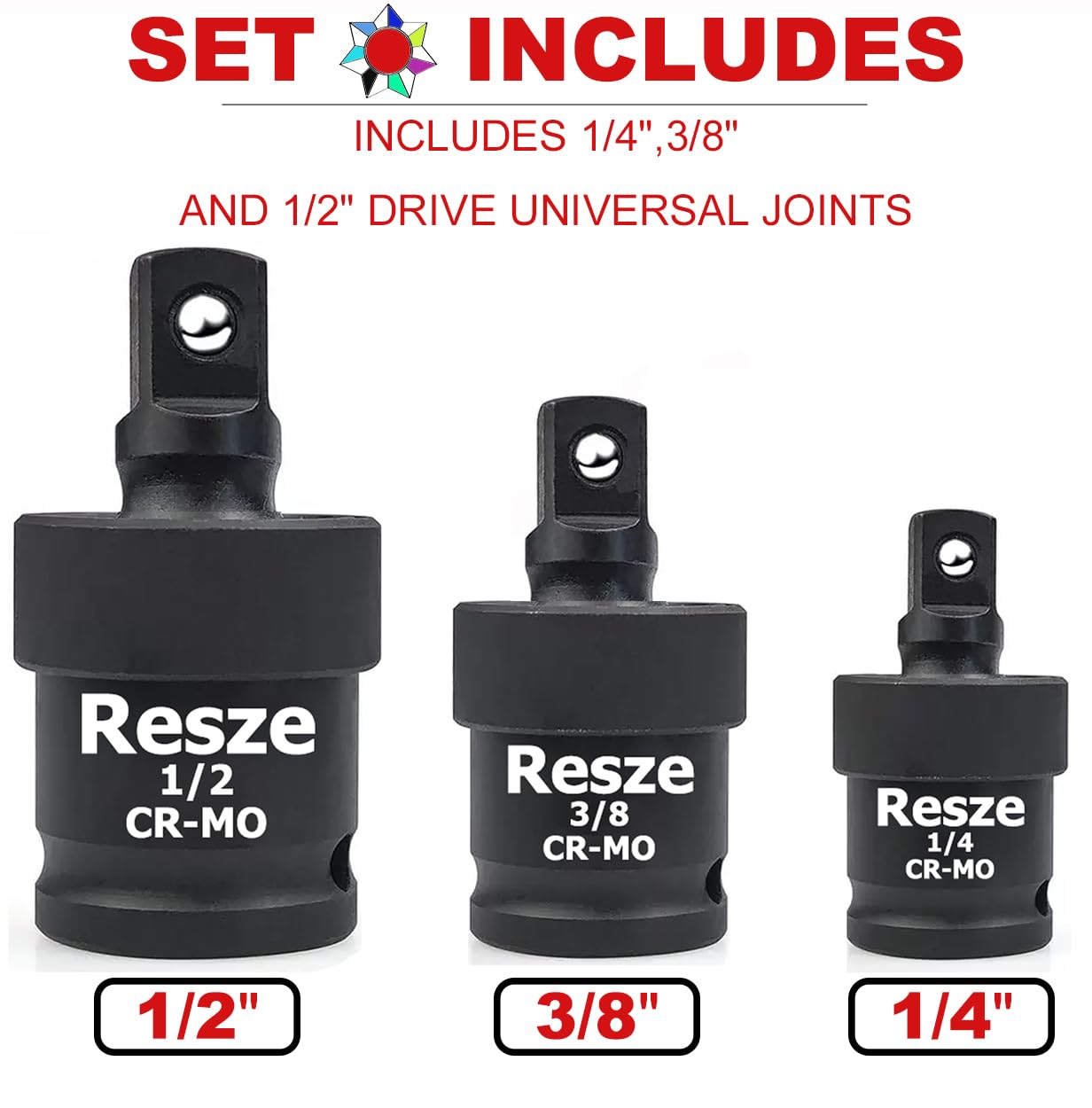 Resze 3PCS Universal Joint Swivel Socket Adapter Set (1/4", 3/8", 1/2"), 360° Rotating, Chrome-Plated Steel, Universal Fit, Anti-Slip Design - Heavy-Duty Automotive & DIY Mechanics Tool Kit