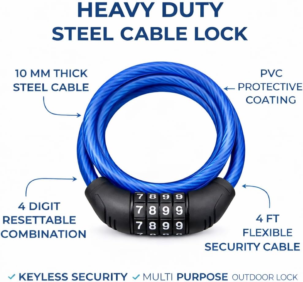 Skiennix Bike Lock Cable - 4 Ft 10Mm Resettable Combination Lock for Bikes, Scooters & Gates