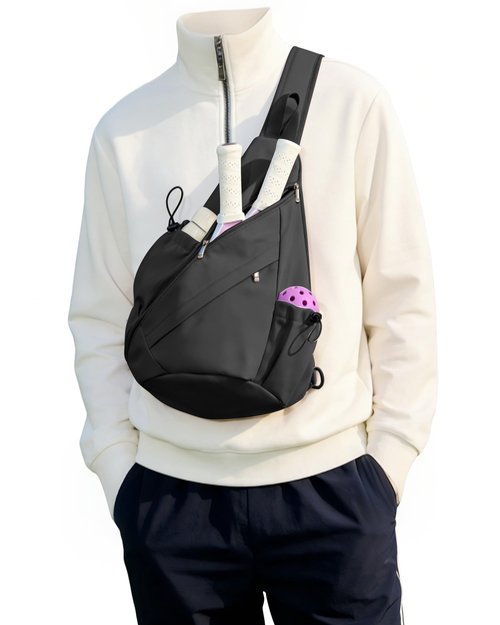 Black Pickleball Crossbody Sling Bag - Men's & Women's Pickleball Sports Backpack with Water Bottle Holder, Adjustable Pickleball